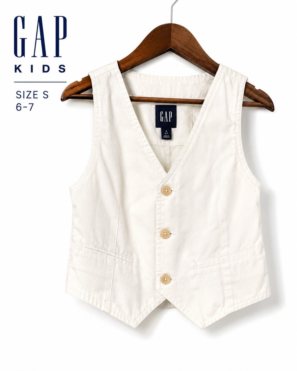 GAP Kids Boys Off White Cotton Stretch Button Front Vest Size S 6-7 Dressy